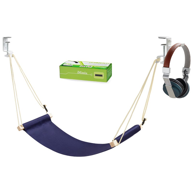 iMissiu Adjustable Office Foot Rest | Portable Under Desk Hammock with Headphones Holder (Blue) - Image 1